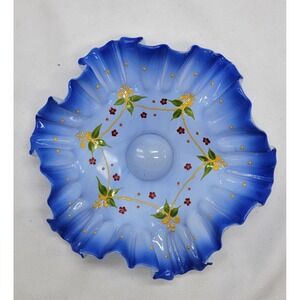 Milk Glass Brides Bowl Hand Painted Blue White Cased Glass Ruffled Crimped Rim